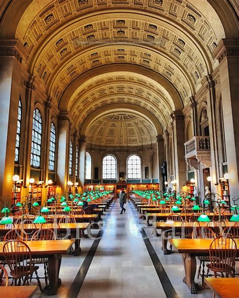 Boston Public Library Iconic Reading Room With Green Lamps