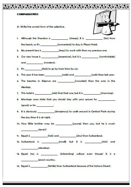 Free esl worksheets and answer keys for comparatives adjectives : Comparative Adjectives Worksheet