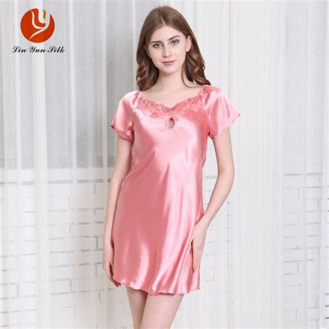 Lin Yun Women Silk Nightgown Spring Summer Sleepshirts Female Sleep Clothing Imitation Silk