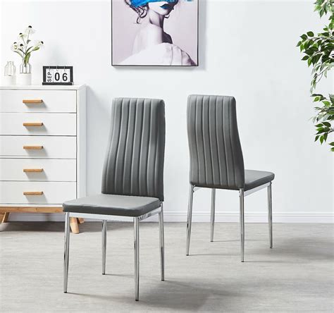 Set Of 4 Grey Modern Faux Leather Chrome Metal Legs Home Dining Chairs