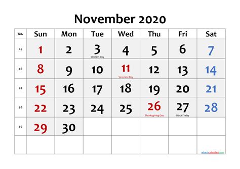 November 2020 Calendar With Holidays Free Printable