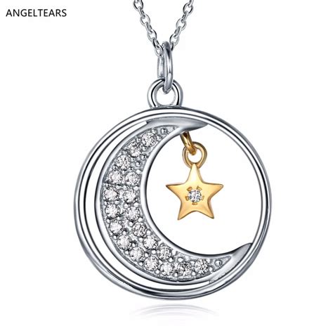 Fine Jewelry Real 925 Sterling Silver Moon And Star Pendant Necklace