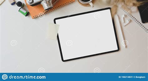 Motivated Photographer Workplace With Blank Screen Tablet Stock Image