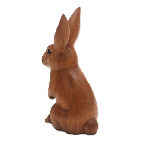 Signed Wood Bunny Sculpture In Brown From Bali Cute Bunny In Brown