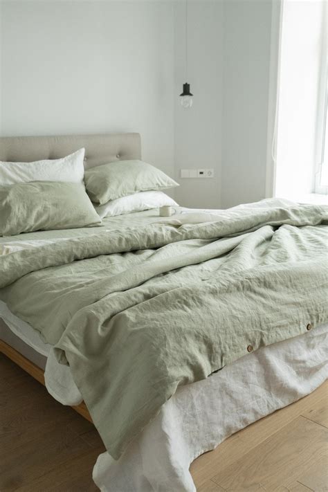 3 Piece Linen Bedding Set In Sage Green Linen Duvet Cover Etsy