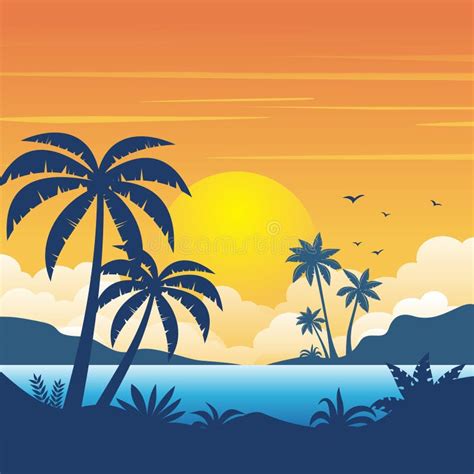 Beach Sunset With Silhouette Of Palm Trees Landscape Background Stock