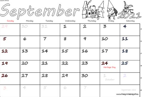 September 2021 South Africa Calendar Free Printable Pdf