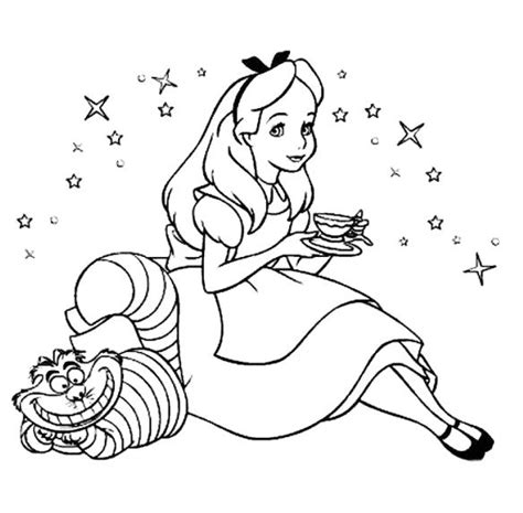 Alice in wonderland disney colouring pages. Alice Drinking Tea With Cat In Wonderland Coloring Pages ...