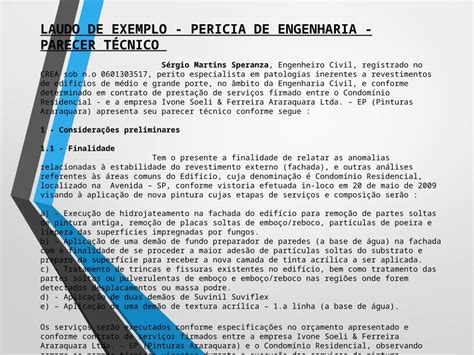 PPTX LAUDO DE EXEMPLO PERICIA DE ENGENHARIA PARECER TÉCNICO