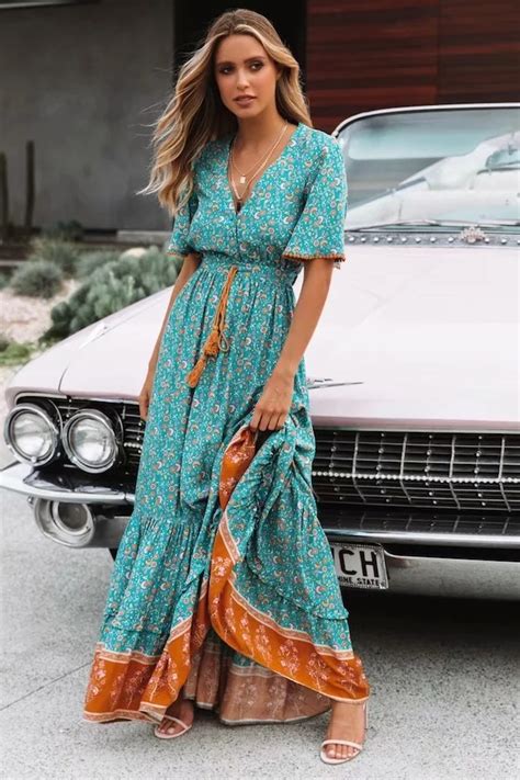 2019womens Bohemian Style Long Dress Retro V Neck Maxi Dress Spring