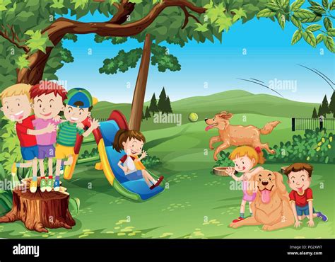 Group Of Children And Dogs Playing In The Park Illustration Stock