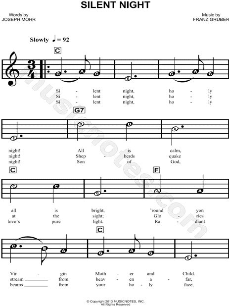 All ▾ free sheet music sheet music books digital sheet music musical equipment. Franz Gruber "Silent Night" Sheet Music for Beginners in C Major - Download & Print - SKU: MN0127353