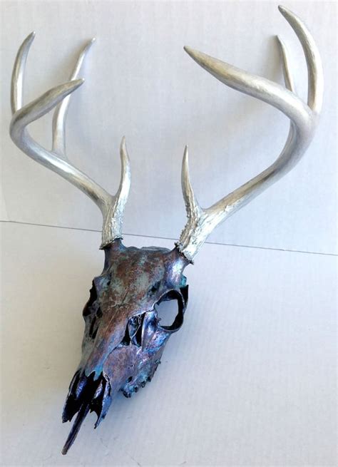 Deer Skull And Antlers Bronze And Aqua Patina With Sheer
