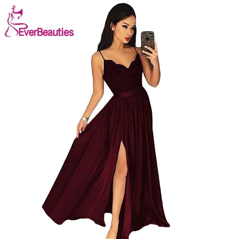 Evening Dresses Long Spaghetti Strap Lace Satin Elegant Formal Party Gowns Sexy Side Split
