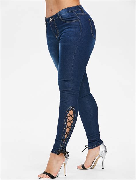 Spring Plus Size Zipper Fly Side Lace Up Jeans Skinny High Waist