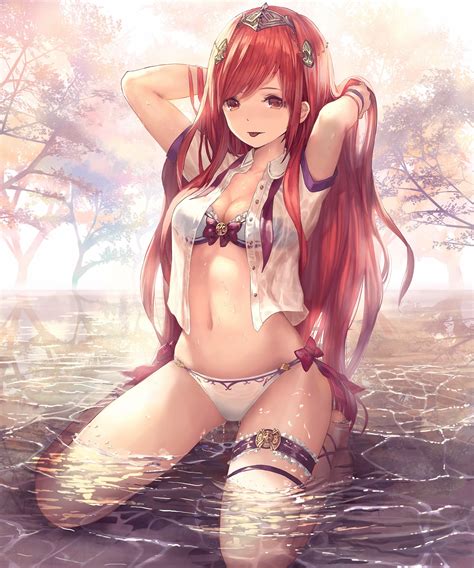 Wallpaper Redhead Long Hair Anime Girls Water Black Hair Cleavage Red Eyes Bikini Open