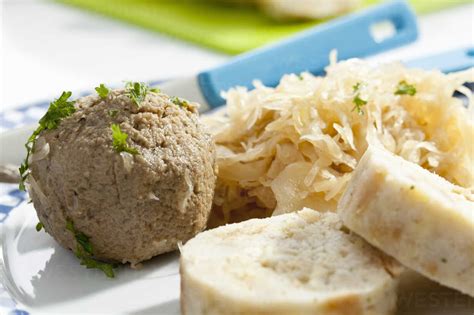 Plate Of Bread And Liver Dumpling With Sauerkraut Close Up Stock Photo