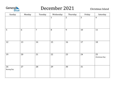December 2021 Calendar Christmas Island
