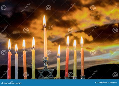 Jewish Holiday Hanukkah With Menorah Traditional Burning Candles