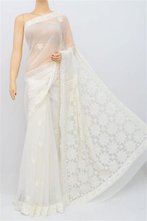 Pearl White Hand Embroidered Work Lucknowi Chikankari Saree With Blouse Georgette MY
