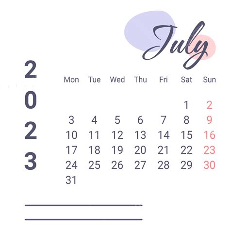 Aesthetic July 2023 Calendar With Purple Blobs July 2023 Juli 2023