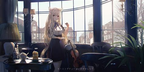 Download 5000x2500 Cute Anime Girl Braids Blonde Violin