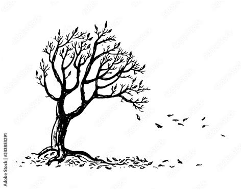Hand Drawn Autumn Tree Silhouette With Falling Leaves Ink Vector