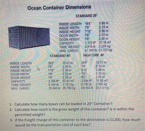 Solved Ocean Container Dimensions STANDARD 20 INSIDE LENGTH Chegg Com