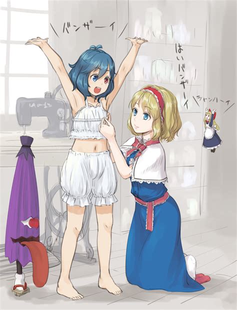 Safebooru 2girls Alice Margatroid Apron Arms Up Barefoot Blonde Hair 108120 Hot Sex Picture