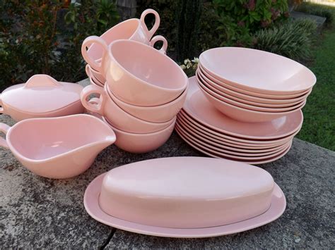 Great Set Of Vintage Pink Melamine Dinnerware Including Sugar And Creamer And Butter Dish No