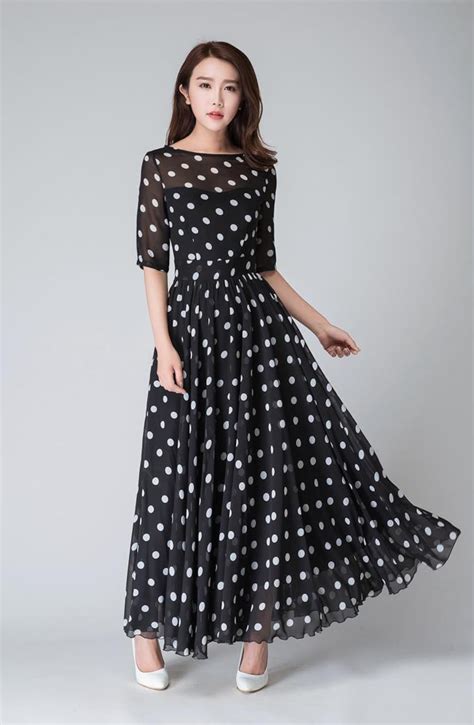 Black And White Polka Dot Maxi Dress Vintage Style Long Swing Etsy