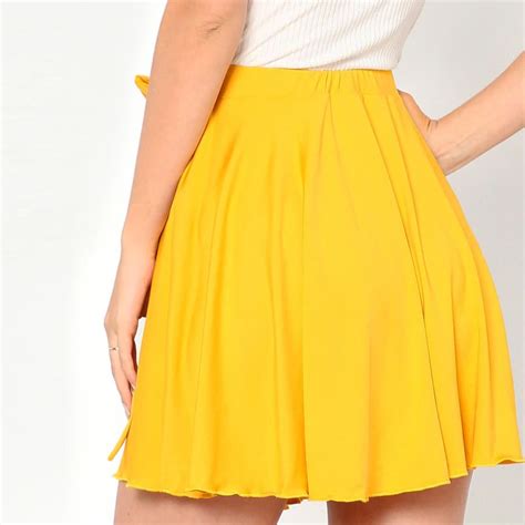 Womens Summer Solid Yellow Elastic Self Belted Overlap Elegant A Line