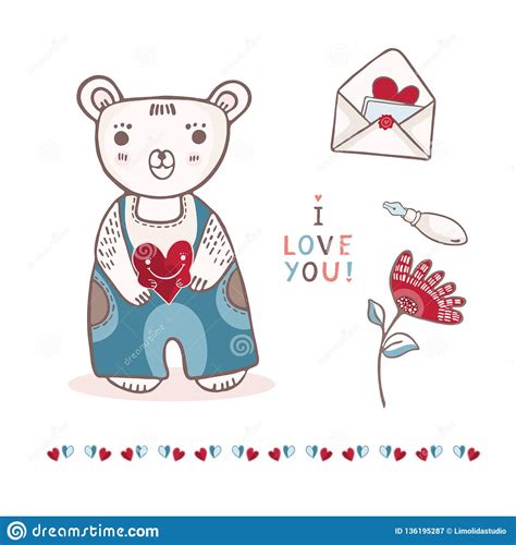 Cute Cartoon Teddy Bear With Love Letter And Flower Stock Illustration