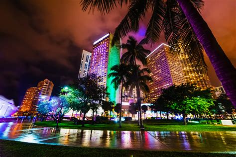 Palms And Colorful Skyscrapers In Downtown Miami At Night Stock Photo
