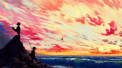 Download 3840x2160 Anime Landscape Scenic Sunset Illustration Wallpapers For Uhd Tv