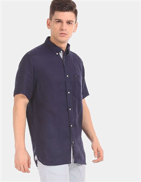buy tommy hilfiger men dark blue short sleeve linen casual shirt