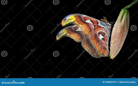 colorful attacus atlas butterfly on tender lily bud in water drops after rain isolated on black