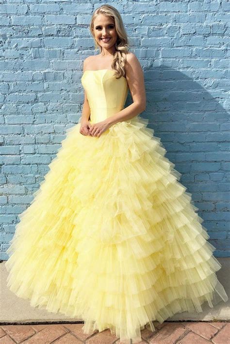 Charming Tulle Yellow Tiered Ball Gown Prom Dress Yellow Evening Dress