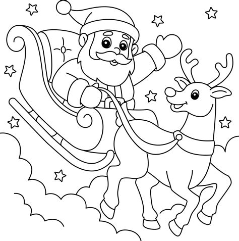 Christmas Santa Sleigh And Reindeer Coloring Page Vector Art At