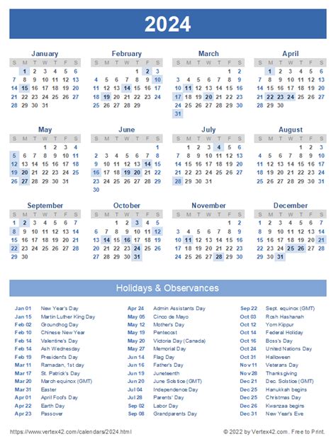 Free Printable 2024 Calendar With Holidays And Observances Printable