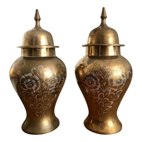 Floral Engraved Brass Temple Jars A Pair Jar Ginger Jars Floral