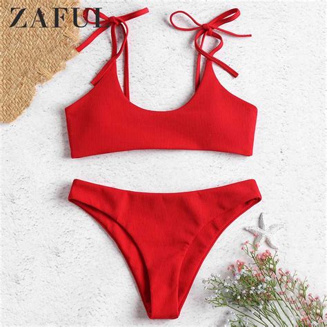 Zaful Ribbed Tie Bralette Bikini Set Spaghetti Straps Basic Swimsuit