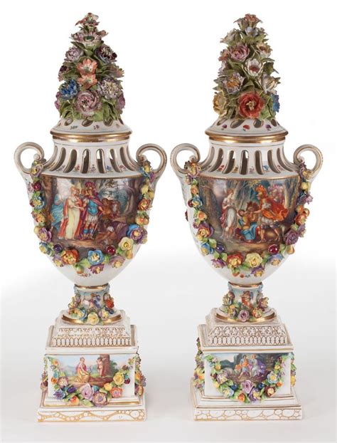 Carl Thieme Dresden Porcelain Germany Pair Vases With Lids Potschappel C X