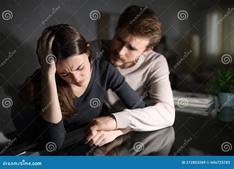 Sad Wife And Husband Comforting Her In The Night At Home Stock Image Image Of Encourage