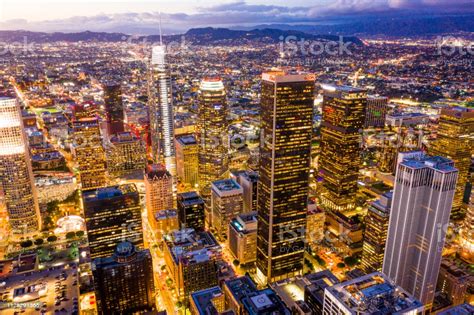 Aerial Of Downtown Los Angeles California At Night Stock
