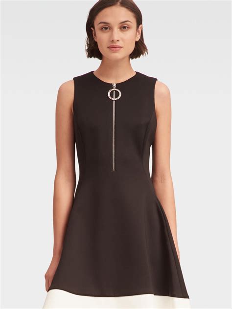 Dkny Synthetic Fit And Flare Dress With Front Zipper In Black Combo