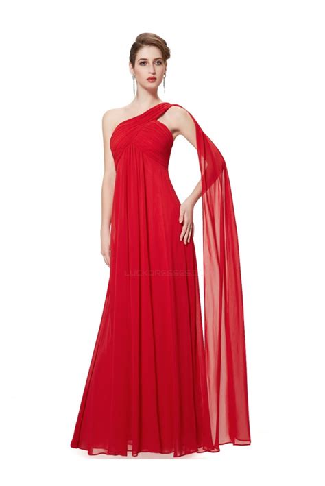Empire One Shoulder Long Red Chiffon Bridesmaid Dresses Evening Dresses