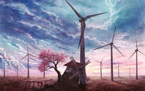 Wallpaper Landscape Painting Anime Sky Windmill Machine Wind