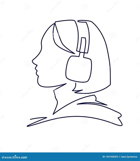Woman Listening To Music In Headphones Continuous One Line Vector