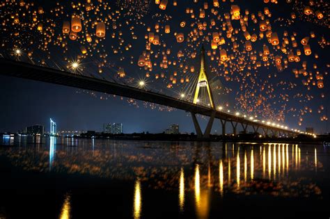 Landscape Photo Of Black Bridge Landscape Bridge Night Sky Lanterns